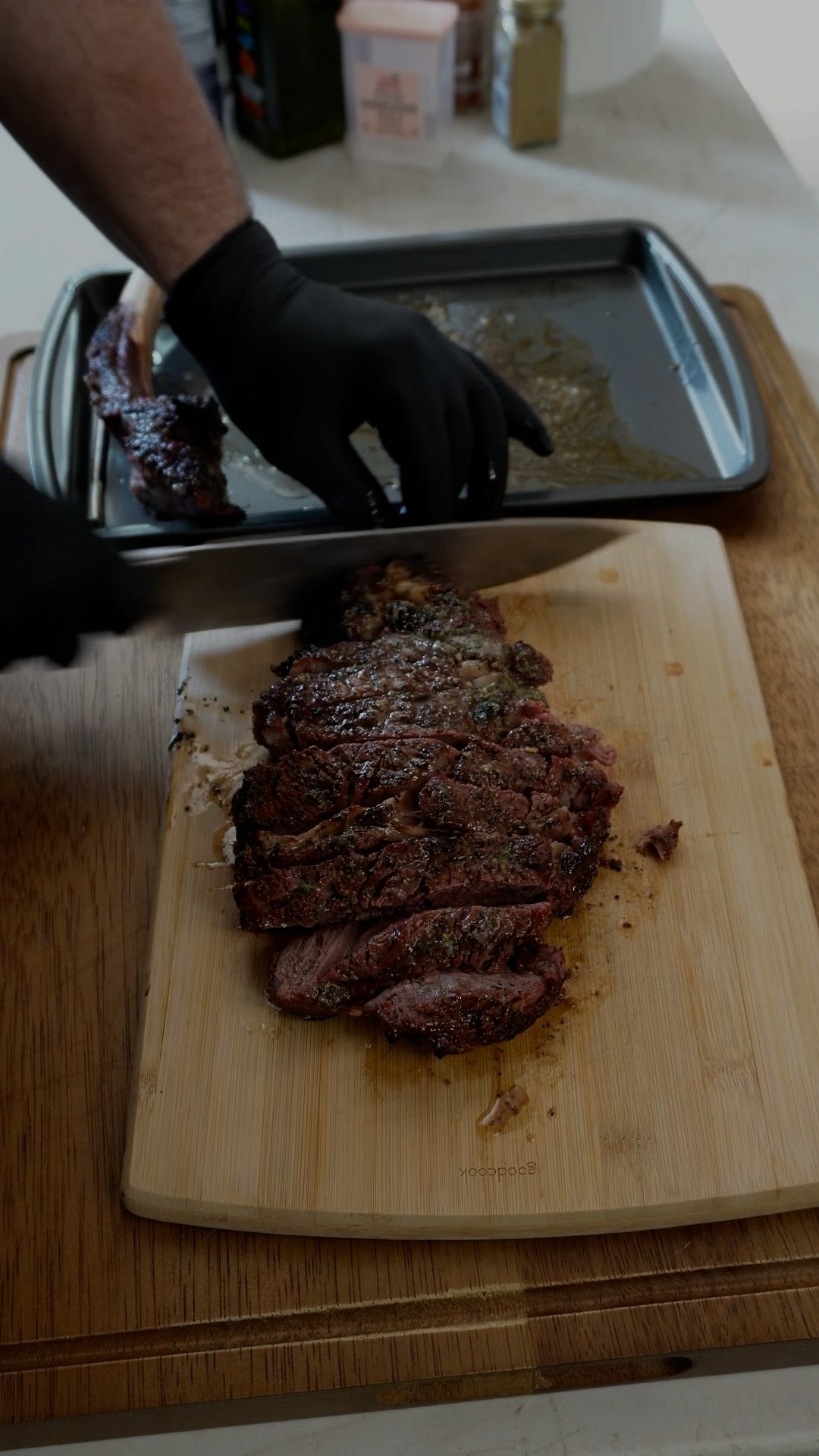 Sliced grilled steak cooked over BAM bamboo charcoal